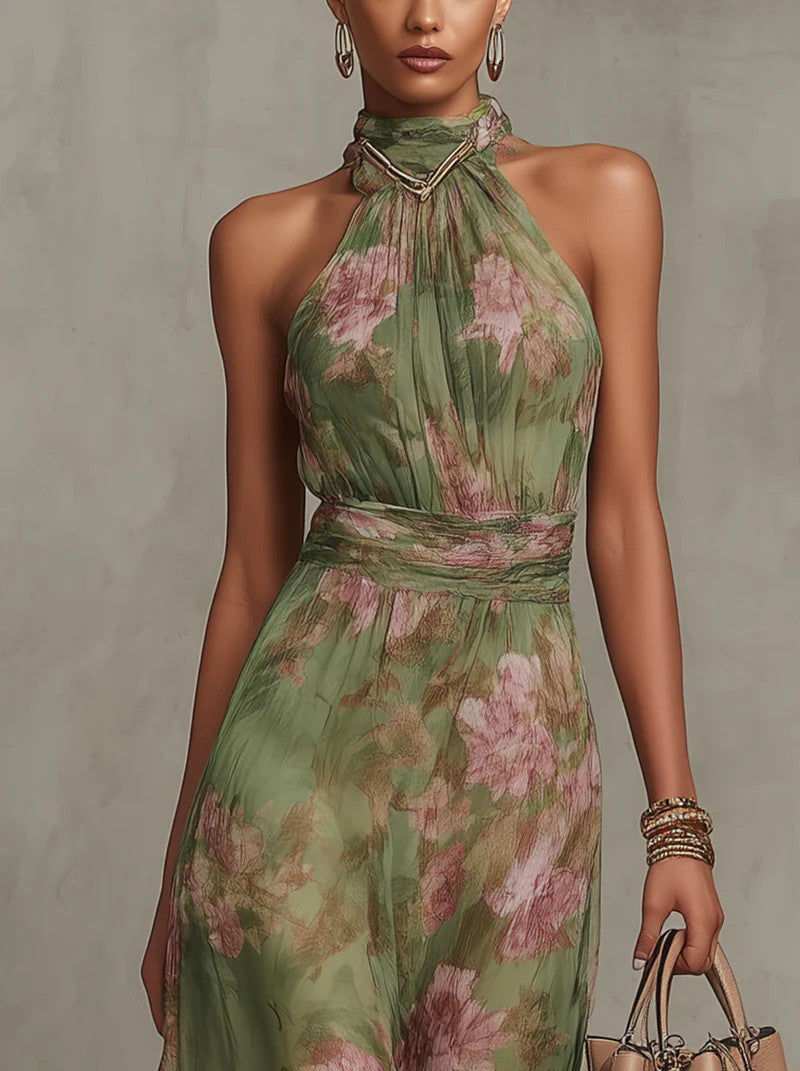 Inge | Maxi-jurk met halterhals en bloemenprint