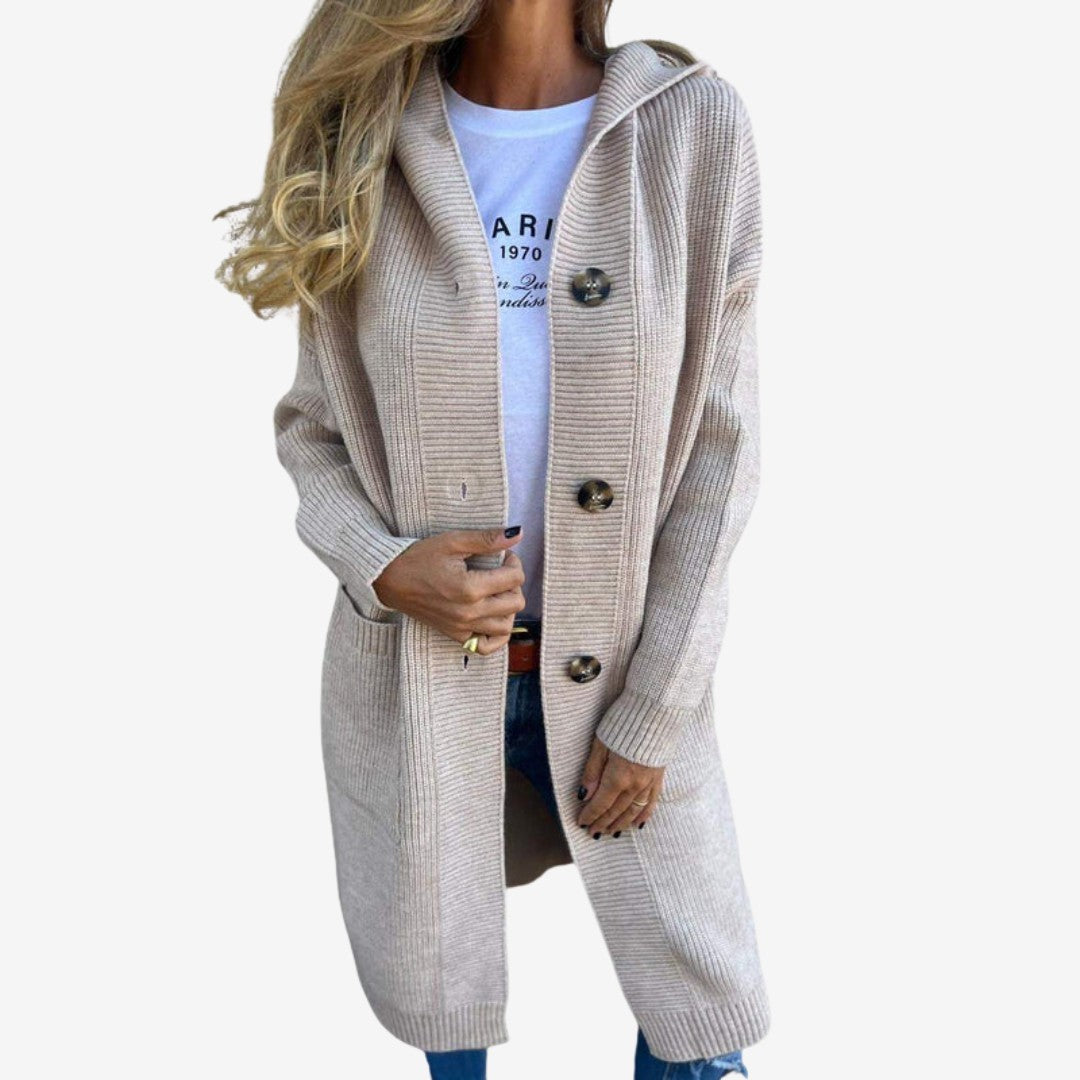 Tessel | Lange cardigan met capuchon en knopen