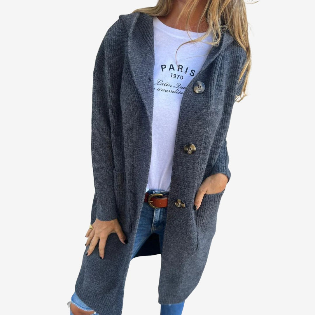 Tessel | Lange cardigan met capuchon en knopen