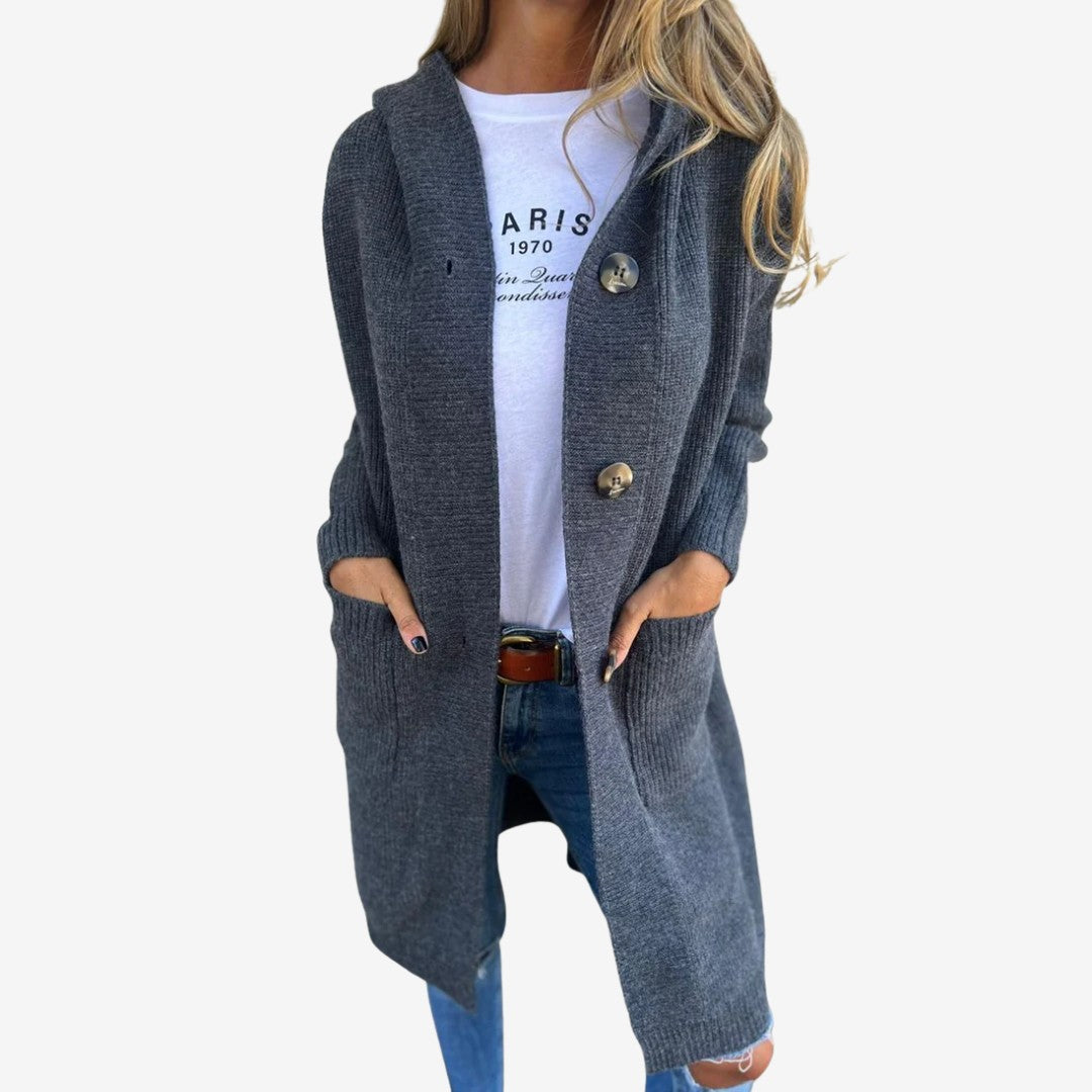 Tessel | Lange cardigan met capuchon en knopen