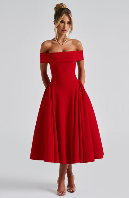 Kim | Midi-jurk met onbedekte schouders