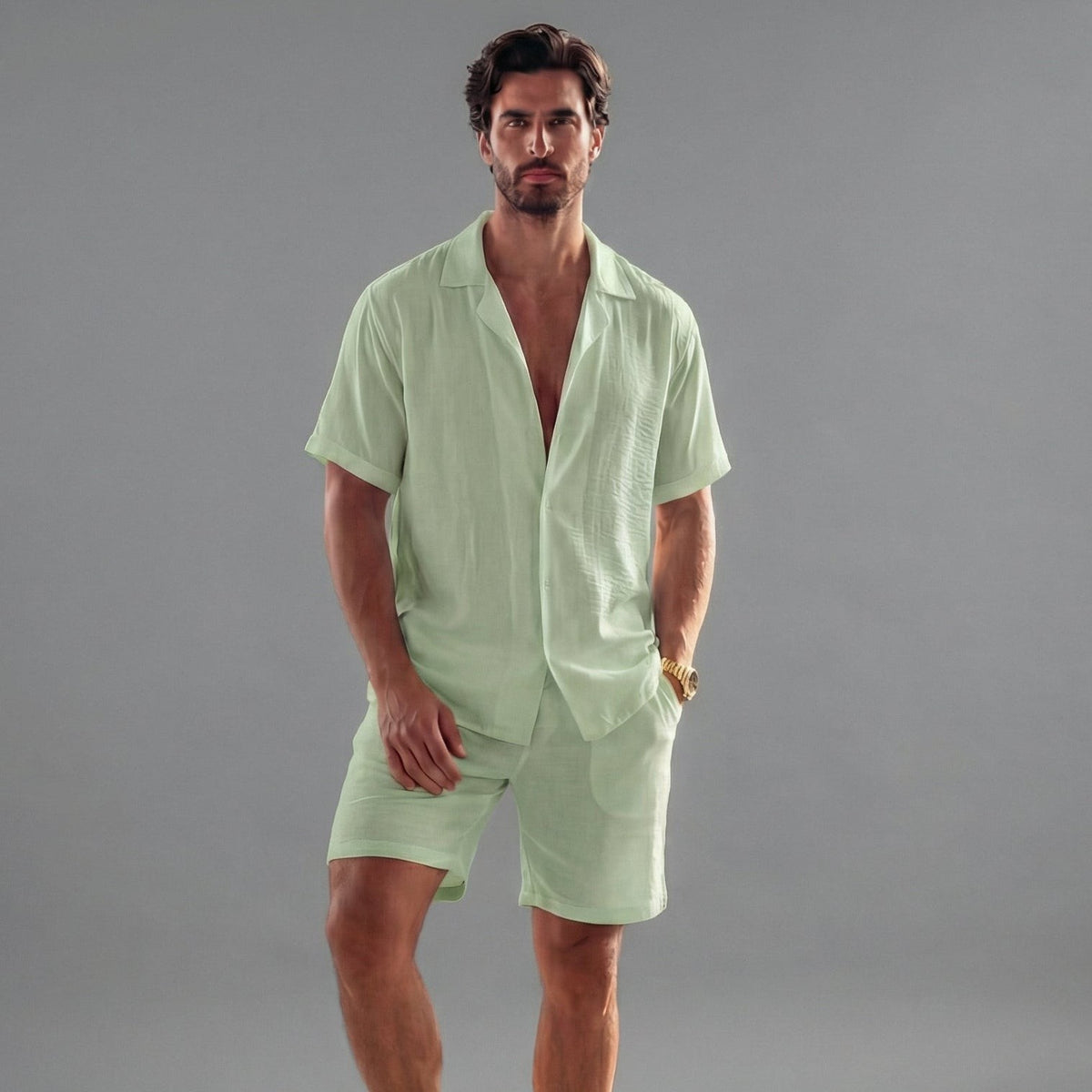 Hugo | Linnen set met overhemd en korte broek
