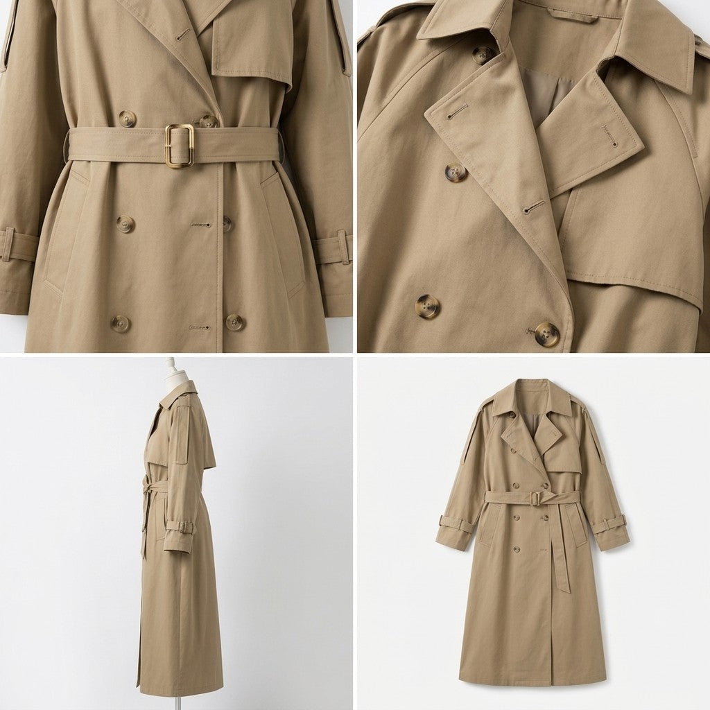 Yvonne | Lange dubbelrijige trenchcoat met riem