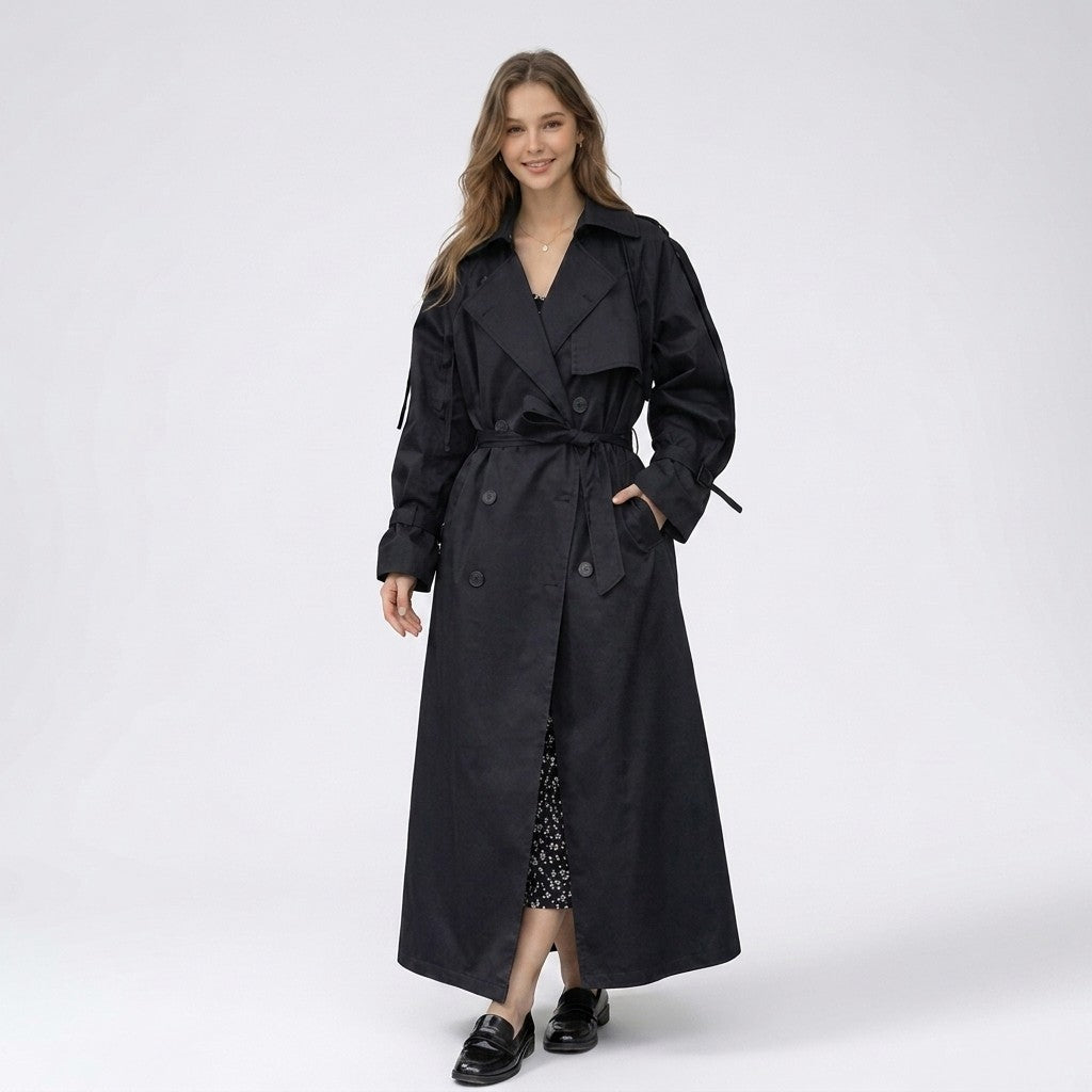 Yvonne | Lange dubbelrijige trenchcoat met riem