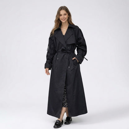 Yvonne | Lange dubbelrijige trenchcoat met riem