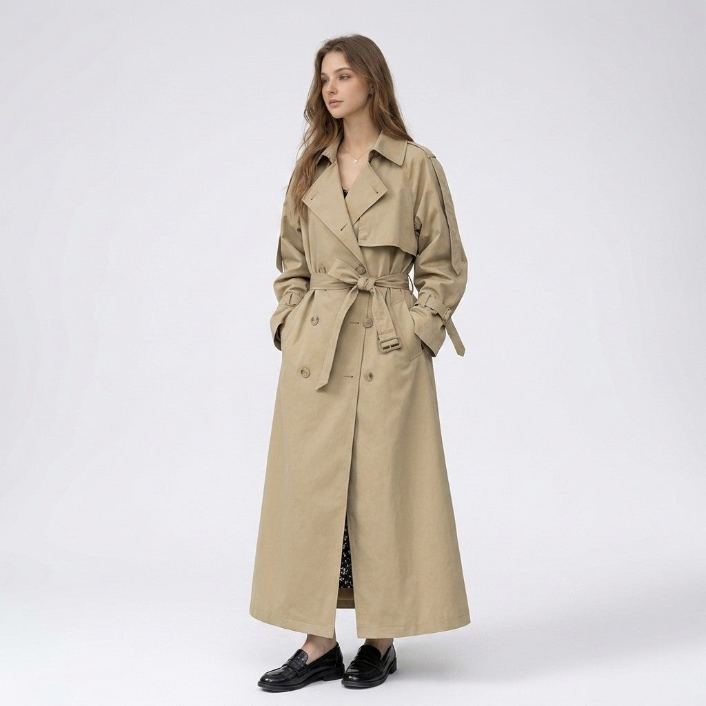 Yvonne | Lange dubbelrijige trenchcoat met riem