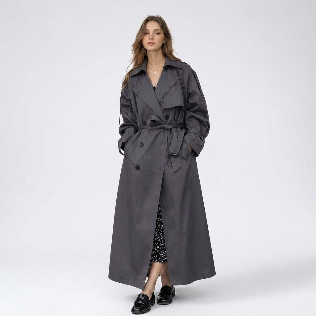 Yvonne | Lange dubbelrijige trenchcoat met riem