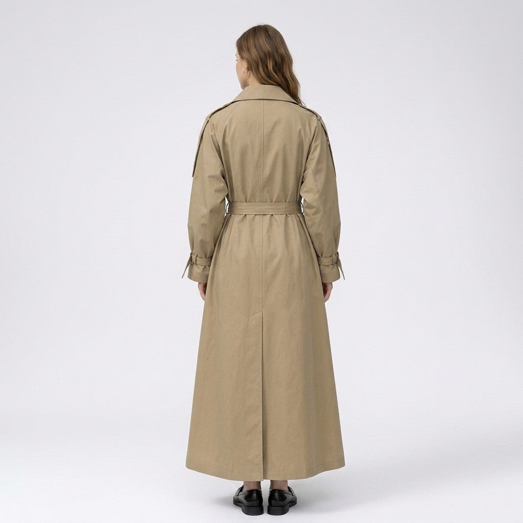 Yvonne | Lange dubbelrijige trenchcoat met riem