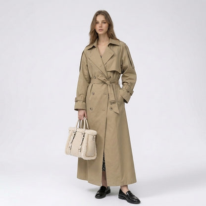 Yvonne | Lange dubbelrijige trenchcoat met riem