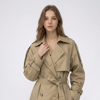 Yvonne | Lange dubbelrijige trenchcoat met riem
