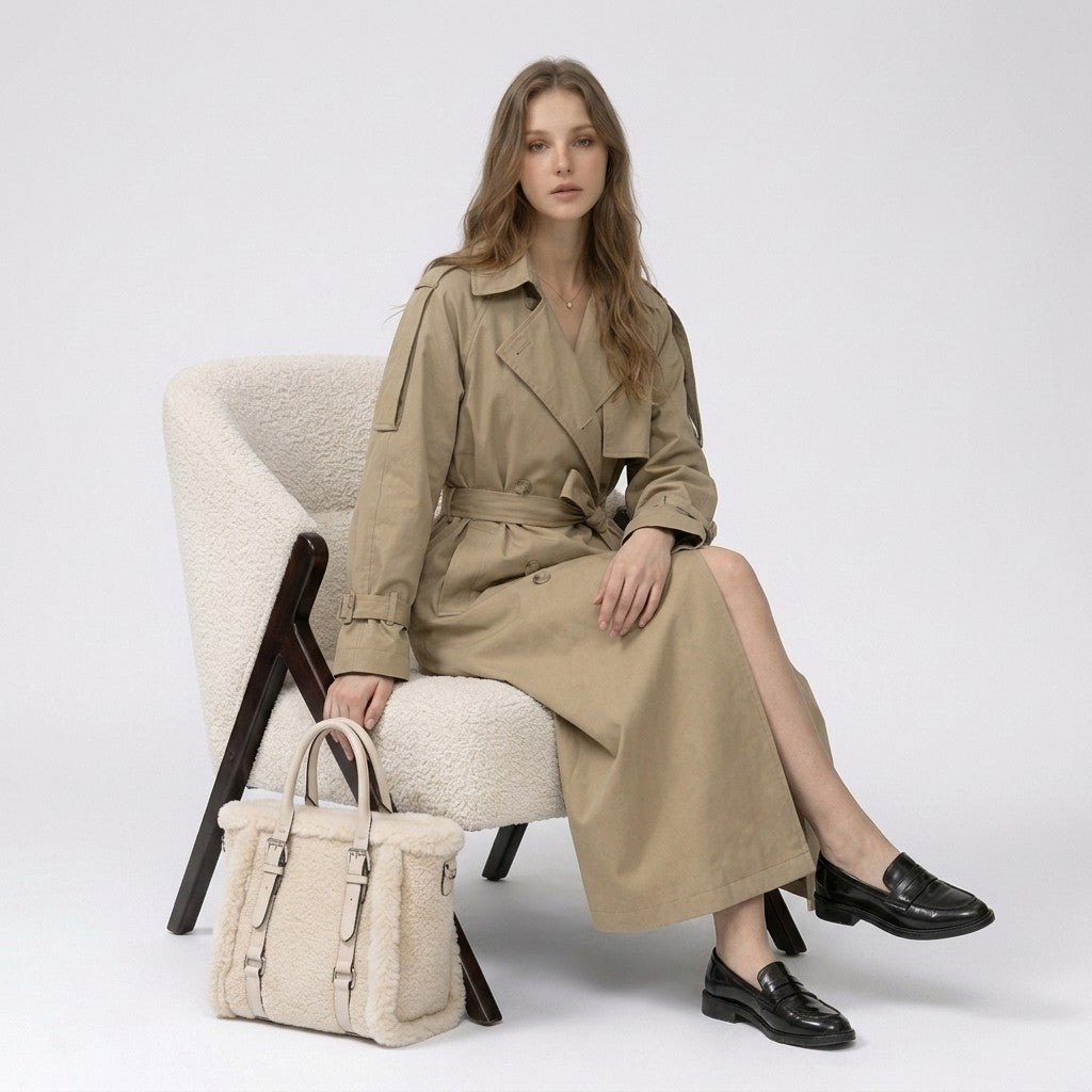 Yvonne | Lange dubbelrijige trenchcoat met riem