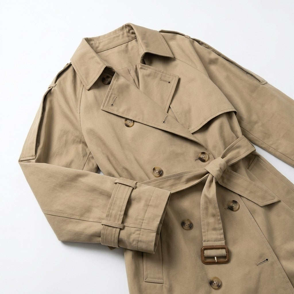 Yvonne | Lange dubbelrijige trenchcoat met riem
