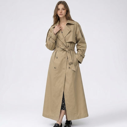 Yvonne | Lange dubbelrijige trenchcoat met riem