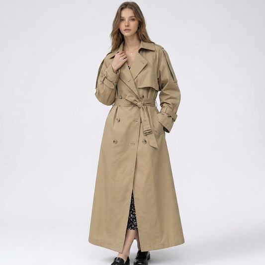 Yvonne | Lange dubbelrijige trenchcoat met riem